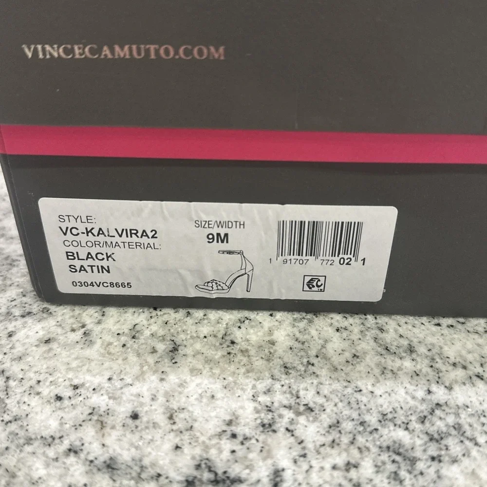 Vince Camuto Kalvira 2 Ankle Strat Black Satin Heels Women's 9 M rhinestones New